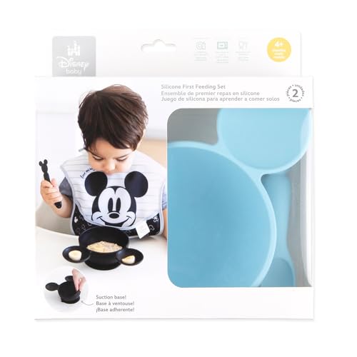 Bumkins Disney Baby Bowl, Silicone Feeding Set with Suction for Baby and Toddler, Includes Spoon and Lid, Essentials for Baby Led Weaning,for Babies 4 Months, Mickey Mouse Light Blue - color: C4 Mickey Mouse LBlu, style: Disney