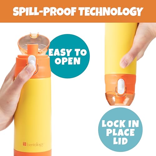 Bentology Stainless Steel 13 Oz Reusable Water Bottle for Kids, Yellow | Double Wall Insulated, Spill Proof Lid W/Built-in Straw- Keep Liquids Hot or Cold- Easily Fits in Lunch Boxes & Bags - color: Yellow