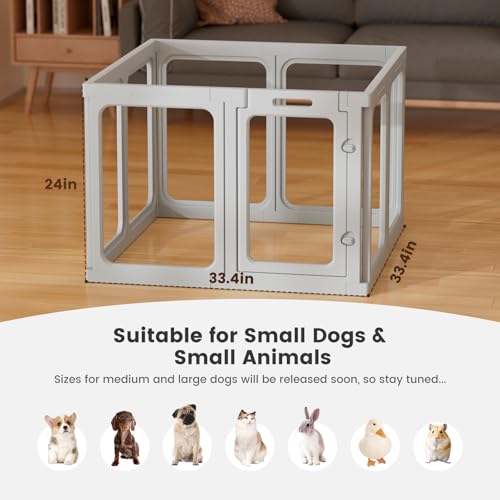 Clear Acrylic Dog Playpen - 33.4 x 33.4 Inch, 24" H 8 Planes Transparent Dog Fence Indoor, Sturdy Pet Pen for Puppy/Small Dog/Rabbit/Pig, Easy Assemble & Cleaning Plastic Whelping Box Enclosure, Grey - color: Grey
