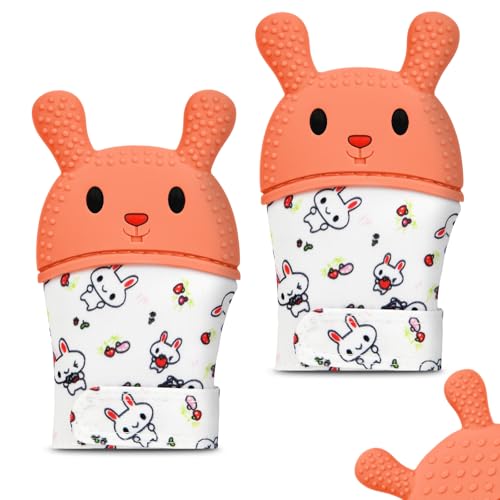 2Pack Silicone Teething Mitt, Rabbit Baby Teething Toy for 0-6 6-12 Months, Food Grade Silicone Infant Teething Mitten, BPA-Free Baby Chew Toys for Pain Relief, Sucking Needs - color: Orange Rabbit