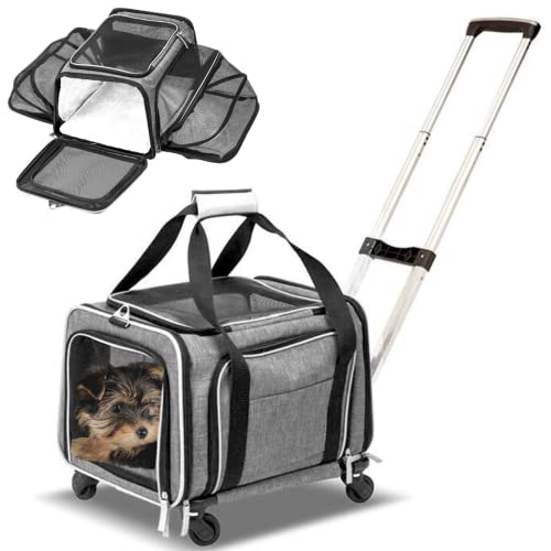 Airline Approved Expandable Premium Pet Carrier on Wheels- Two Sided Expandable Rolling Carrier- Designed for Dogs & Cats- Extra Spacious Soft Lined Carrier! (Grey) - color: GREY