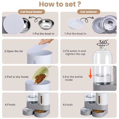 2 Pack Automatic Cat Feeder Stainless Steel Water Dispenser Gravity Food Feeder and Waterer Set with Pet Food Bowl for Small Medium Kitten Puppy Pets Large Capacity(Grey) - color: Grey