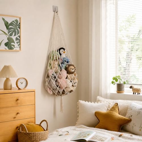 Corner Hanging Toy Hammock, Large Stuffed Animal Storage Net for Kids Room, Boho Nursery Decor, Easy Install with Hooks, Holds 100+ Plushies, Soft Cotton Rope, off white