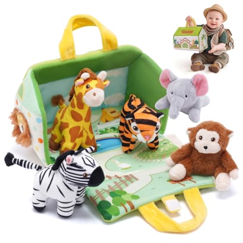 Mini Zoo Stuffed Animals Set - 5 Soft Safari Animals with Carry House 9.8" | Ultra-Soft, Safe, Travel-friendly, Educational, Gift Ready - color: Zoo
