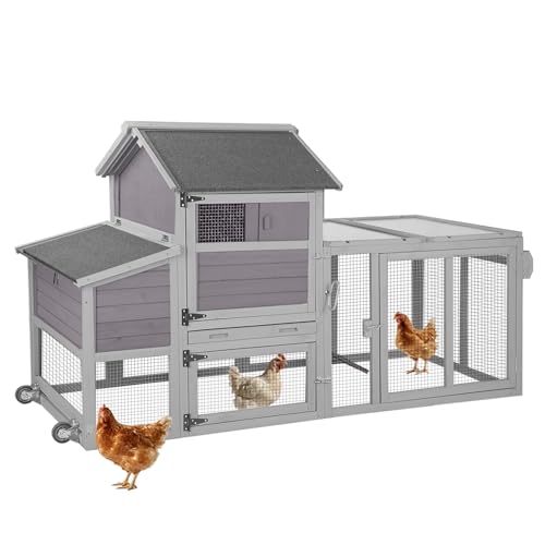 Mobile Chicken Coop with Wheels for 4-6 Chickens, Large Wooden Hen House Duck Cage with Run, Nesting Box, Easy Clean Pull-Out Tray, Waterproof Asphalt Roof - Grey, 78" L x 27.6" W x 45" H - size: 78.0"L x 27.6"W x 45.0"H