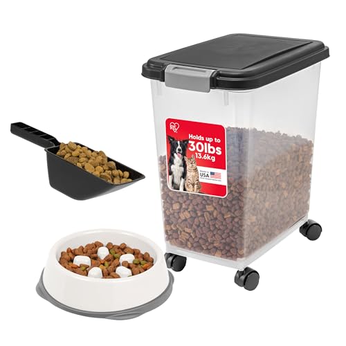 IRIS USA Dog Food Container & Slow Feeder Bowl, Up to 30 lbs, Black | Includes 2-Cup Sccop & Wheels, Airtight Seal, BPA-Free, Bird Seed, Cat food, Cat Litter, Treats, Short Snout Bowl - color: Black, size: 30 lbs - 1 Pack