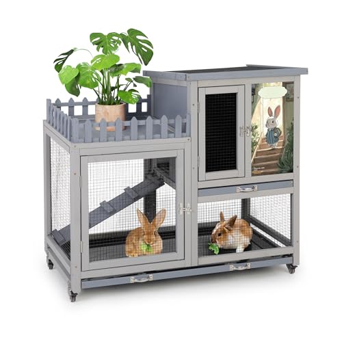 Wood Rabbit Hutch with Balcony Small Animal House Bunny Cage on Wheels | Ideal for multiple small animals, Featuring chewproof ramp & pull-out tray, Suitable for indoor or outdoor use