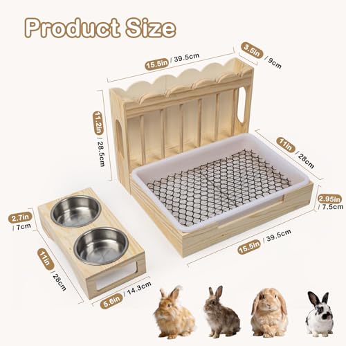 3-in-1 Wooden Rabbit Hay Feeder with Litter Box for Rabbits & Small Pets | Sturdy Wooden Hay Feeder Set for Guinea Pigs, Chinchillas, Hamsters, Ferret and Other Small Animal - size: 21.1"W