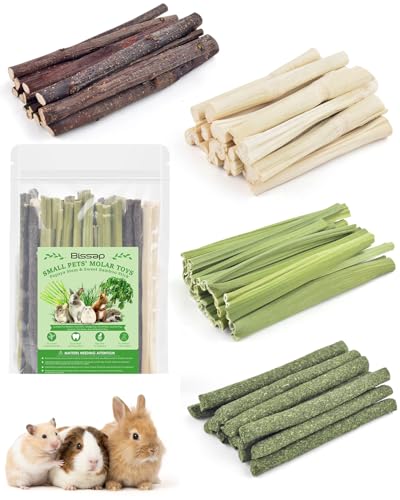 Bissap 60 PCS Rabbit Chew Sticks, Sweet Bamboo Timothy Hay Chew Stick Papaya Stems Apple Branch Bunny Chews for Rabbit Hamster Chinchilla Guinea Pig Small Pet Natural Molar Treats