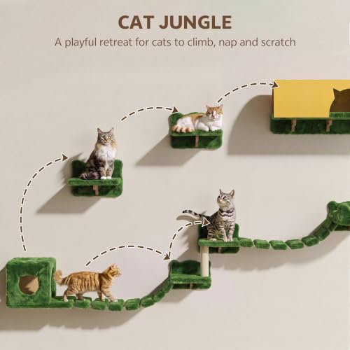 16-in-1 Cat Wall Shelves, Cat Furniture w/Tunnel & Bridge, Green | Wall Mounted Cats Shelf Set with Plush Fabric, Cat Climbing Wall Systems for 16 Inch Drywall, with Scratching Posts, Condos - color: Green, size: 16-in-1