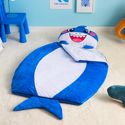 JOIEDOMI Kids Sleeping Bag 4 5 6 Year Old Girl Gifts Toddler Nap Mat with Pillow & Blanket 60" x 39" for Kids Ages 3+ Soft Plush Sleeping Mat for Preschool and Boys Girls - color: Blue Shark