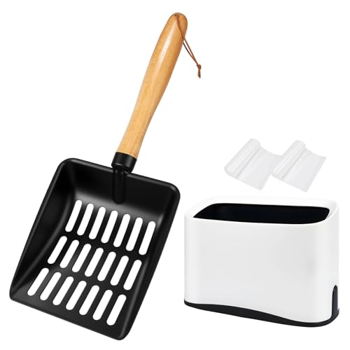 Cat Litter Scoop, Metal Litter Scoop, Short with Holder | Heavy Duty Metal Cat Scooper for Litter Box, Black Sifter Scoop for Pellets, Wooden Handle Scoop with Hole, Kitty Necessity - size: Cat Litter Scoop Short with Holder