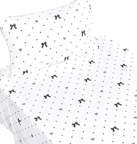 Scientific Sleep Lace Bow Romantic Bowknot Black Dot 100% Cotton 3 Pcs Twin Bed Sheet Set Kids Boys Girls Teen, Flat Sheet & Fitted Sheet & Pillowcase Child Bedding Set (Bow, Twin) - color: Bow, size: Twin