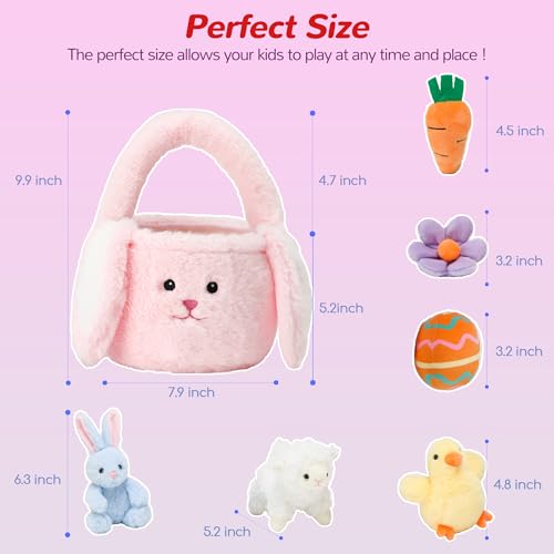 Vposyako 7 Piece Easter Basket Eggs Playset Stuffed Rabbit Chick Lamb Toy Set for Kids Girls Boys Ages 3+ Easter Bunny Basket Plush Sensory Toys Soft Plush Toy for Easter Party Favors - style: Pink Easter Basket