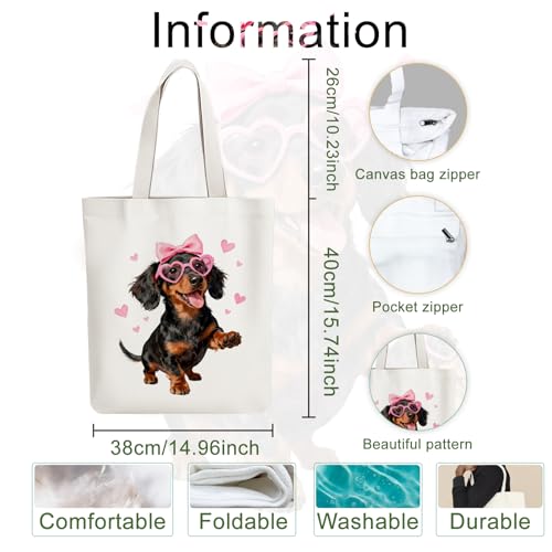 ANATTASOUL Canvas Tote Bag Reusable Cotton Bag for Women, Large 14.96"x 15.74" Cloth Shoulder Bags with Zipper Pockets - style: Glasses Puppy