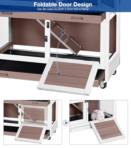 2-Story Rabbit Hutch Indoor Outdoor with Wheels Bunny Cage with Slip-Proof Ramp Guinea Pigs Cage with Waterproof Roof & Easy-Clean Tray Multi-Access Doors 36" L Brown - color: 36"L Milk Coffee