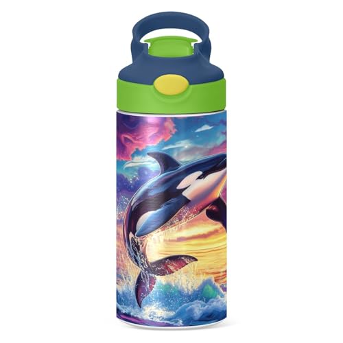 OTVEE Orca Whale Kids Water Bottle with Straw Lid 12 oz Insulated Stainless Steel Leakproof Duck Mouth Tumbler Cup for Boys Girls Teen School - color: Orca Whale