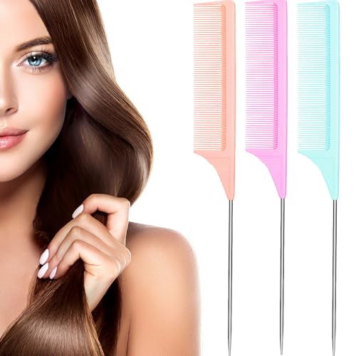 Leinuosen 3 Pack Rat Tail Comb Carbon Fiber,Light Blue,Light Pink,Purple | Steel Pin Tail for Sectioning, Heat Resistant Teasing, Pick Comb for Women Wig Styling, Fishtail Design for Salon Updos - color: Light Blue, Light Pink, Light Purple