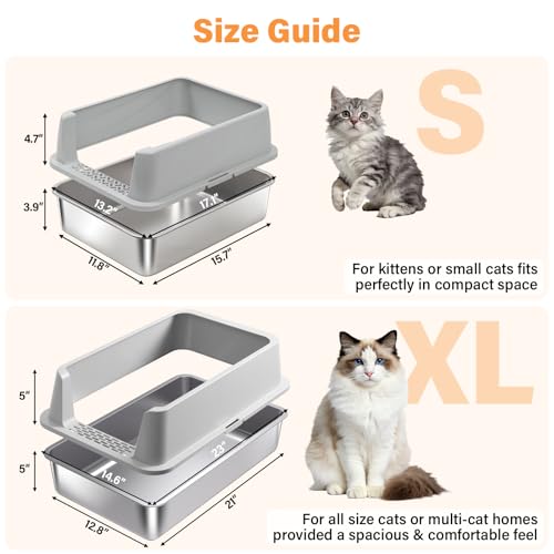 Stainless Steel Cat Litter Box for Kittens, Low Entry Kitten Litter Box | Small Metal Litter Box, Includes Scoop and Mat, High Sided, Non-Sticky, Anti-Urine Leakage, Easy Cleaning - size: Small(17.3"x13.4"x8.1")