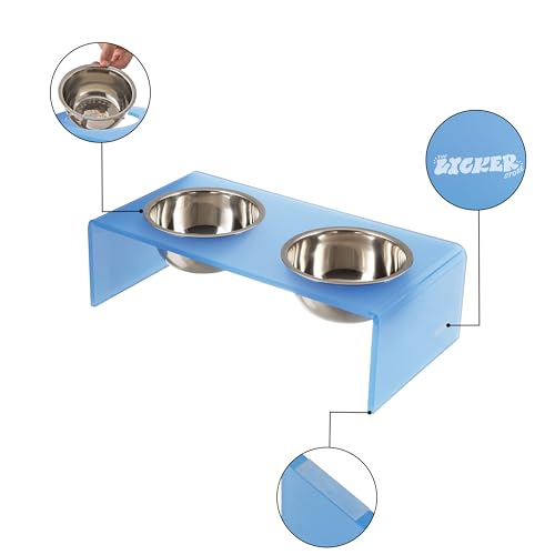 DBL2000C Keaton 5" Small/Medium Modern Acrylic Rectangular Elevated Pet Feeder with 20oz 2-Stainless Steel Bowls, Blue/Chrome - color: Blue/Chrome, size: 20 Ounces (5" Cups 2-Pack)