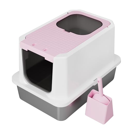 RIZZARI Stainless Enclosed Litter Box: with Scoop & Odor Control | 304 Stainless Basin / Wide Top Opening / Privacy Enclosure / Top & Swing Dual Entry / Anti-Leakage Raised Rim - color: Pink, size: 23.8"L*15.9"W*16.1"H