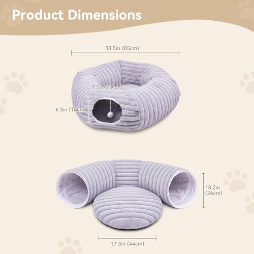 Dogpals Cat Tunnel Bed Cave 33" Lx10 Wx10 H for Indoor Cats(Grey) | Washable Cozy Cushion, Soft Striped Plush Fabric, Hideaway Peekaboo Cave for Kittens, Puppies, Rabbits & Small Pets - color: Grey