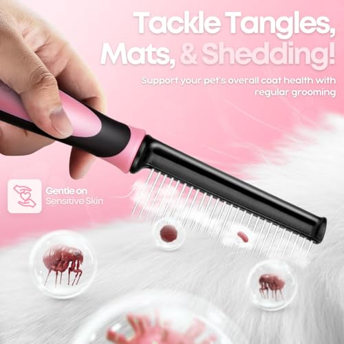 Flexzion Metal Pet Comb for Cats & Dogs - Sturdy Stainless Steel Rounded Teeth with Non-Slip Soft Grip Handle Easy to Use Grooming Detangling Cat Combs for Indoor Cats, Pink - color: Chrome,Pink