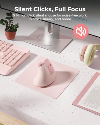 seenda MOU-302 Wireless Bluetooth Ergonomic Vertical Mouse with Volume Knob | Rechargeable 3-device mice for small/medium hands with quiet clicks, 1000/1600/2400 DPI for PC, laptop, MacBook, Pink - color: Pink