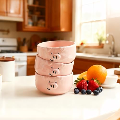 Pink Ceramic Pig Bowls, Set of 3, 13 oz | Small Size, Snacks, Dessert, Cereal and Rice - size: 13 oz