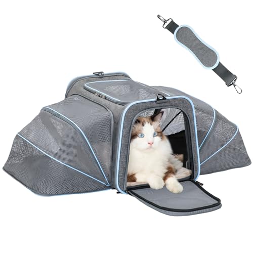 Petsfit Large Double Expandable Cat Carrier for Large Cats and Small Dogs | 19 x 12 x 12 in; dual-side expansion for large cats and small dogs, with anti-sag frame and locking zippers; up to 18 lb. - color: Light Grey, size: 19"L x 12"W x 12"H