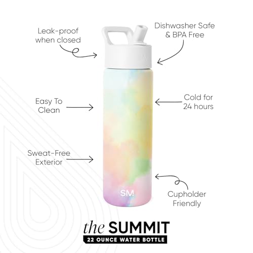 Simple Modern Insulated Water Bottle with Straw | 22oz | Tie Dye | Summit Stainless Steel Water Bottles, Metal Cup | Leak Proof for School, Gym, Travel, Sports | Cotton Candy Tie Dye - color: Pattern: Cotton Candy Tie Dye, style: 22oz