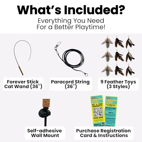 Forever Stick and 9 Cat Feather Toy Refills - The Unbreakable Cat Wand Toy, Durable Cat Toy Wand, Extra Long Cat String Toy, Cat Fishing Pole Toy for Bored Indoor Adult Cats, Cat Stick Toy - size: Forever Stick and 9 Feather Toys