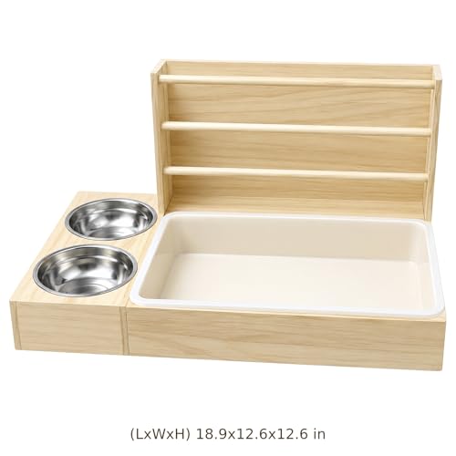 3 in 1 Rabbit Hay Feeder with Litter Box, Wooden Bunny Hay Holder Feeder Toilet Combo with 2 Stainless Steel Bowls and Removable PP Tray for Rabbits, Guinea Pigs,Small Animals