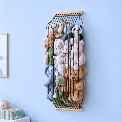 Stuffed Animal Storage Wood Soft Toy Organizer for Kids Room，Cute and Durable Wall or Door Mount Length Adjustable Hanging Stuffed Animal Toy Organizer Shelf for Nursery Play Room Black -Patent - color: Black