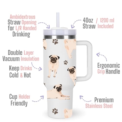 momocici 40oz Pug Tumbler with Handle Gifts for Women.Pug Lover Cups Tumbler Gifts for Women.40 oz Birthday Christmas Pug Cup Tumblers for Pugs Lover. - style: Pug