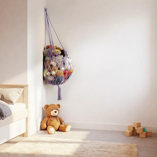Stuffed Animal Storage Hammock Corner Hanging Net Stuffy Animal Hammock Macrame Toy Display Plush Toy Holder for Kid Bedroom Decor Boho Nursery Playroom Organizer (Purple) - color: Purple