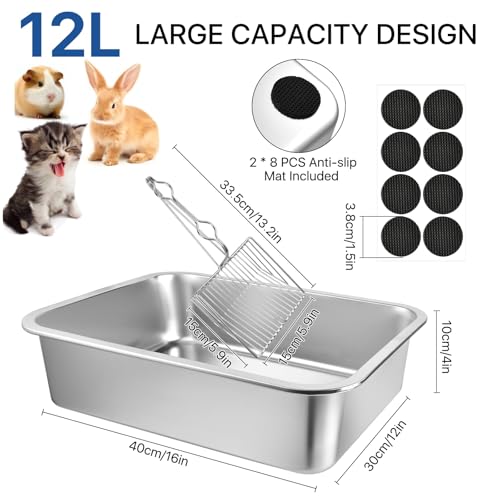 Stainless Steel Cat Litter Box, 16 x 12 x 4 Large Litter Box, Non Stick Kitty Litter Pan with Metal Litter Scoop and Anti Slip Stickers for Kitten, Guinea Pig and Rabbit