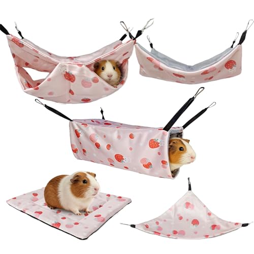 kathson 5 PCS Guinea Pig Hammock Set, Washable Rat Hammock, Guinea Pig Hideout Bed Soft Hamster Hanging Tunnel Mats Small Pets Cage Accessories for Chinchilla, Sugar Glider, Squirrel(Pink) - color: Pink