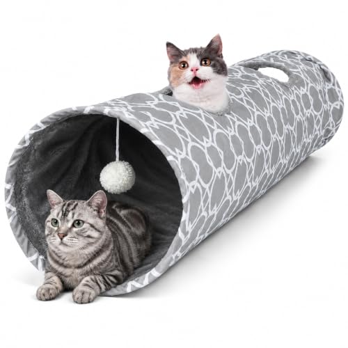 Geometric Straight Cat Tunnel with Plush Inside,Cats Toys Collapsible Tunnel Tube with Balls, for Rabbits, Kittens, Ferrets,Puppy,Diameter 11.8 Inch - size: Extra Large Straight Tunnel