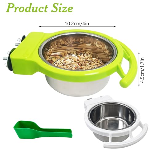 BNOSDM 2 PCS Bird Feeding Dish Cups with Perch Stand Hanging Stainless Steel Bird Bowls Food Container Food and Water Bowls with Spoon for Budgie Cockatoo Finch Lovebirds Pigeons (Green&White) - color: 2 Pcs Green & White