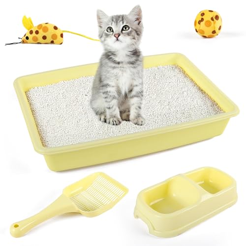 PAWISE Cat Litter Box Set, Small Kitten Starter Kit, Includes Litter Box, Litter Scoop, Double Dish Feeding Bowl, Cat Mouse Toy, Kitty Ball Toy, Yellow - color: Yellow