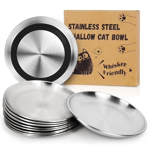 Supet Cat Plates for Wet Food, Non Slip Whisker Friendly Food Bowls, Stainless Steel Shallow Wide Dishes for Indoor Cats (13Oz, 10Pcs) - size: 10Pcs