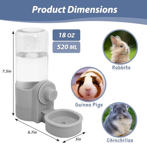 Fhiny Rabbit Water Bottle, 18oz Hanging Guinea Pig Water Bottle No Drip Gravity Automatic Bunny Water Dispenser for Cage Rabbit Waterer for Guinea Pig Bunny Chinchilla Ferret Cat Puppy - color: Grey