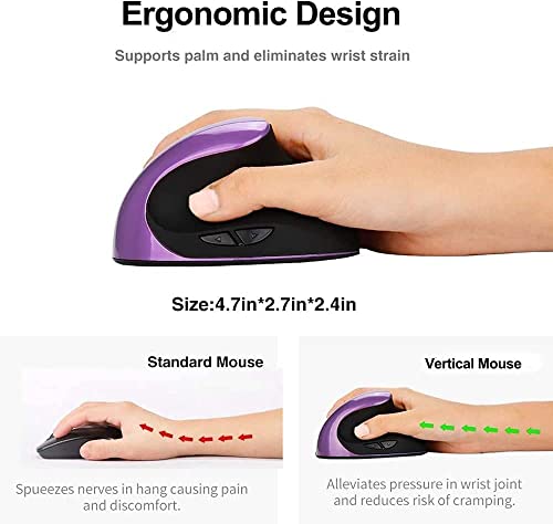 Ergonomic Vertical Mouse, Wireless 2.4G High Precision Rechargeable Ergonomic Mouse Optical Mice with Adjustable DPI 800/1200/1600, Reduce Wrist Strain, Specially for Small-handers Right-handers - color: Purple - Right hand- rechargeable