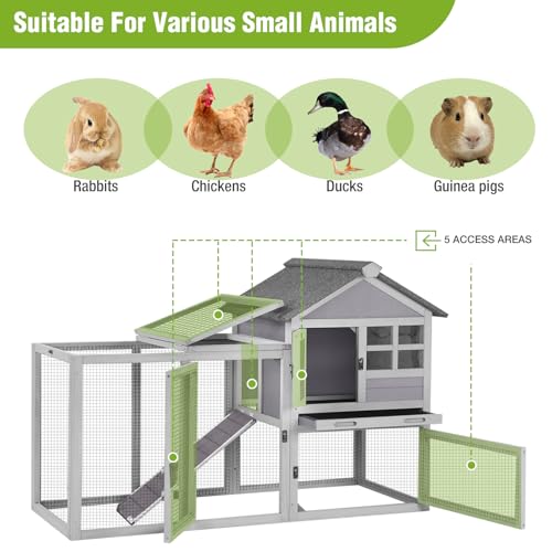 Outdoor Rabbit Hutch with Run, 2-Tier Fir Wood Bunny Cage, Waterproof Roof, Pull-Out Tray, Secure Latches, 51.6 x 20.8 x 36.2 in, Grey - color: Grey, size: 51.6"L x 20.8"W x 36.2"H