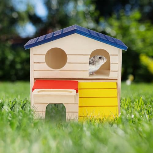 Hypeety Wooden Hamster House Maze Villa Cage for Dwarf Hamsters Gerbils Small Pets Exercise Climbing Toy Platform Multi-Level Hideout 6.1x2.95x5.9inch Blue - color: Blue
