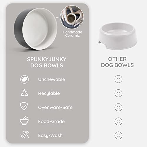 SPUNKYJUNKY Ceramic Dog and Cat Bowl Set with Wooden Stand, Modern Cute Weighted Food Water Set for Small Size Dogs (13.5OZ) & Medium Sized Dogs (28.7OZ) & Cats (3.6 Cups, 2 × White-Grey) - color: White-Grey × 2, size: 3.6 cups