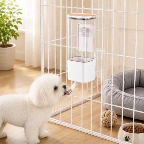 47oz Dog Crate Water Bottle, No-Drip Top-Fill Cage Mount | 12mm stainless steel nozzle, removable bracket; water dispenser for rabbits, guinea pigs, chinchillas and small pets - color: white and orange