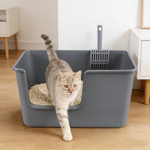 Extra Large Cat Litter Box with High Sides, Anti-Splashing Kitty Litter Box for Muti Cats, Open Big Cat Litter Pan, 4 Pack(Grey)