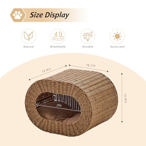 Cat House,Handwoven Cat Cave Pet Cube, Rattan Cat Beds Indoor Kitten House with Double-Sided Soft Cushions, Pet Cat House for Multiple Cats, for Living Room Bedroom - color: Rattan